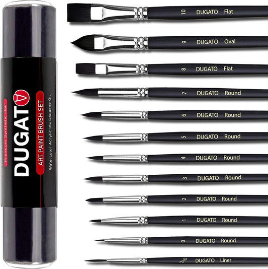 Watercolor Brushes Professional, DUGATO 12pc Artist Paint Brush Set - Synthetic Bristles (Round, Flat, Liner, Oval) for Watercolor Gouache Inks Painting