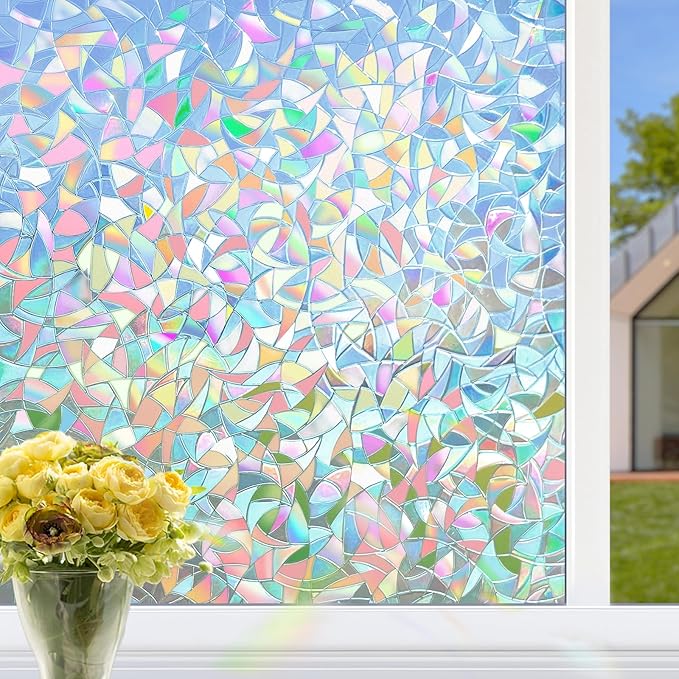 HIDBEA Window Privacy Film Static Clings, Rainbow Window Film, 3D Decals Non-Adhesive Window Vinyl Film for Home Door, 23.6 Inch x 6.5 Feet