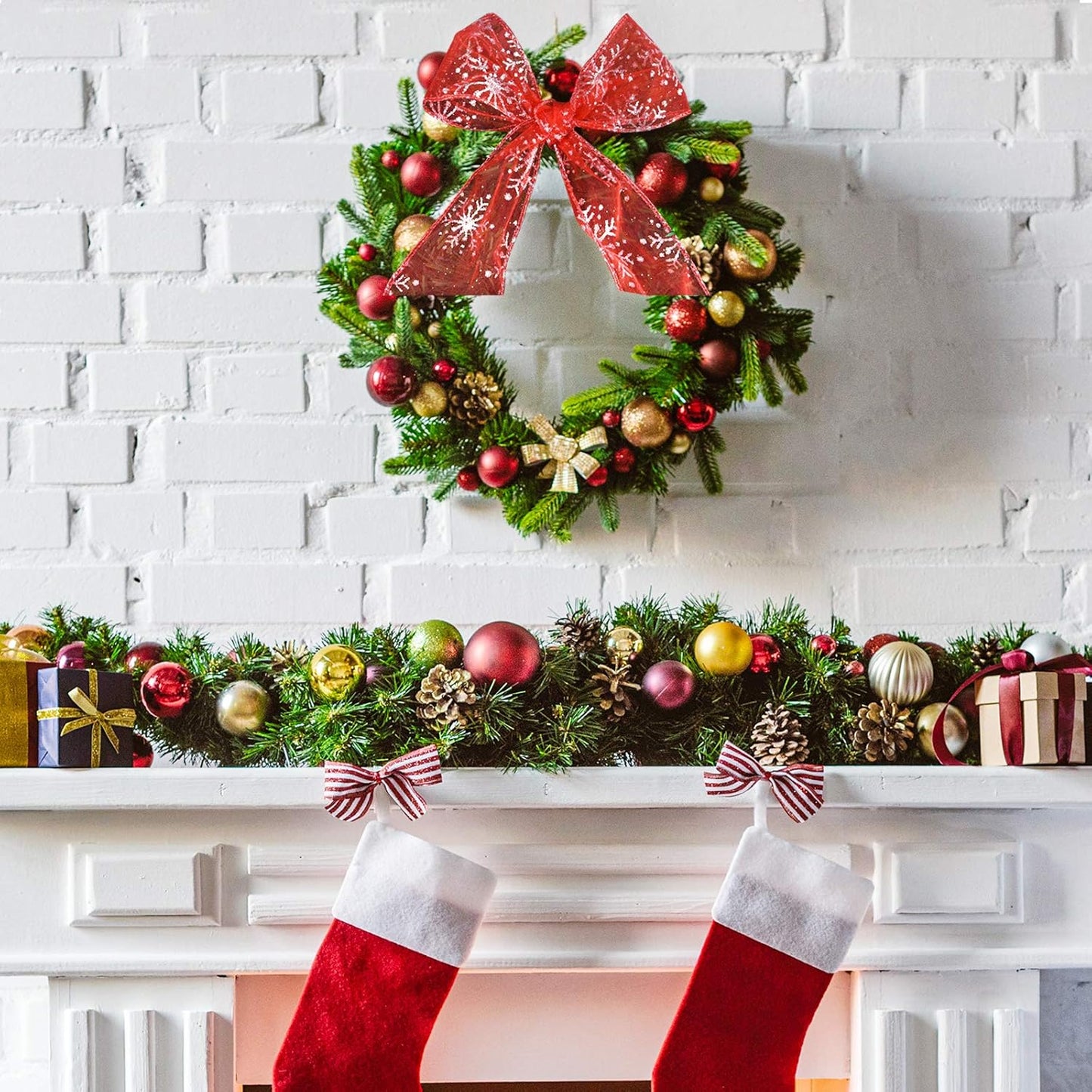 2.5 Inch Wide Christmas Wired Ribbon Snowflake Organza Sheer Glitter Ribbon for Xmas Tree, Wreath, Party Decoration, Gift Wrapping (Red, 10.9 Yards)