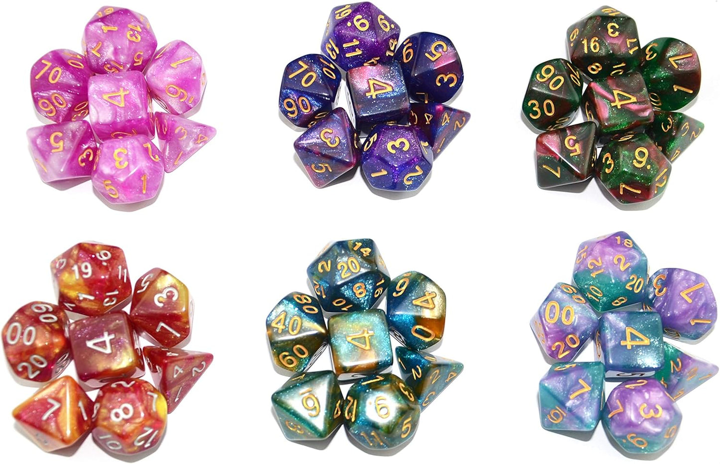 SmartDealsPro 6 x 7 Sets (42 pcs) Glitter Polyhedral Dice Sets with Pouches for DND RPG MTG Dungeon and Dragons Table Board Roll Playing Games D4 D8 D10 D12 D20 (6 Sets)