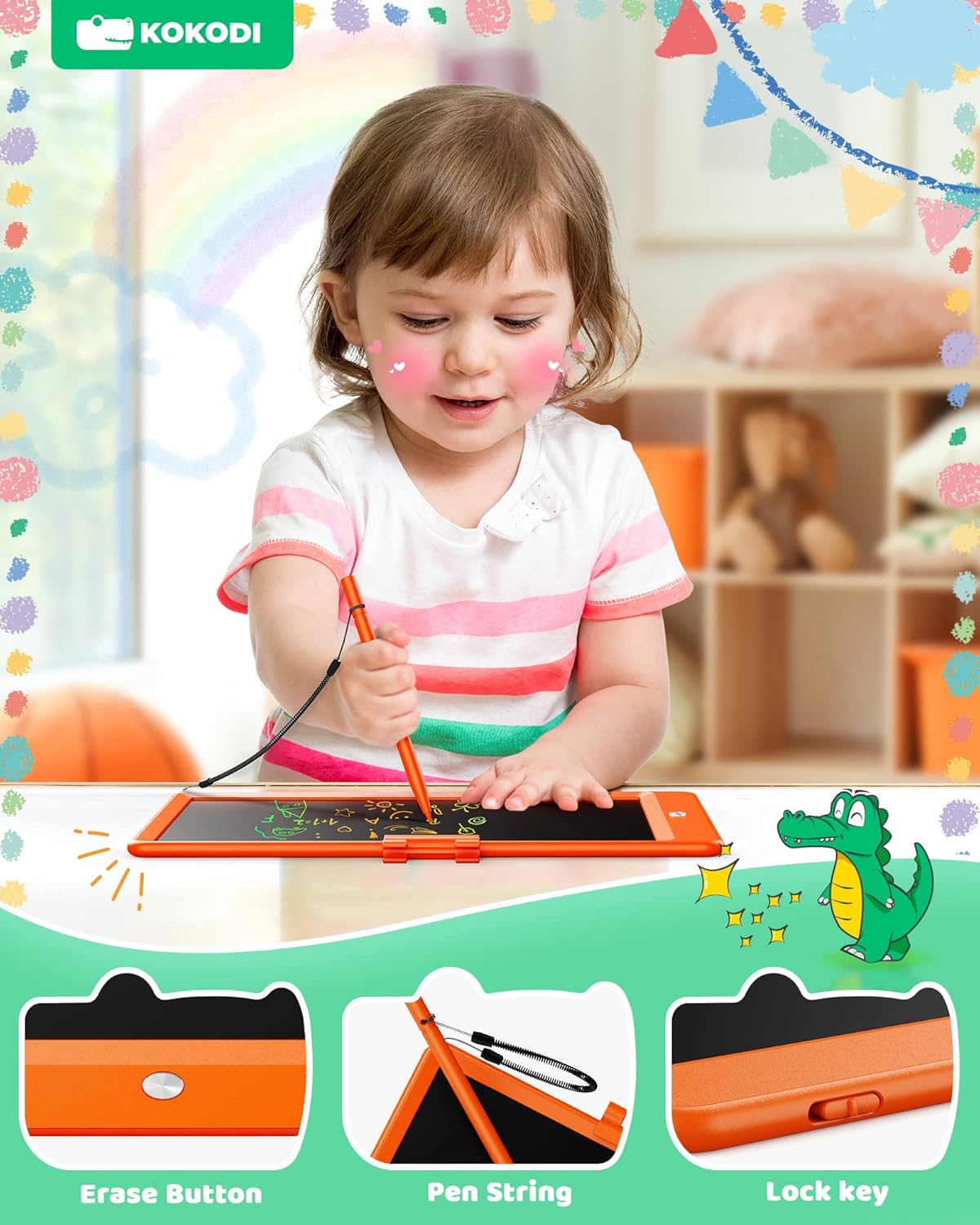 KOKODI LCD Writing Tablet, 10 Inch Colorful Doodle Board Drawing Tablet, Erasable Reusable Electronic Drawing Pads, Educational and Learning Toy for 3-6 Years Old Boy and Girls