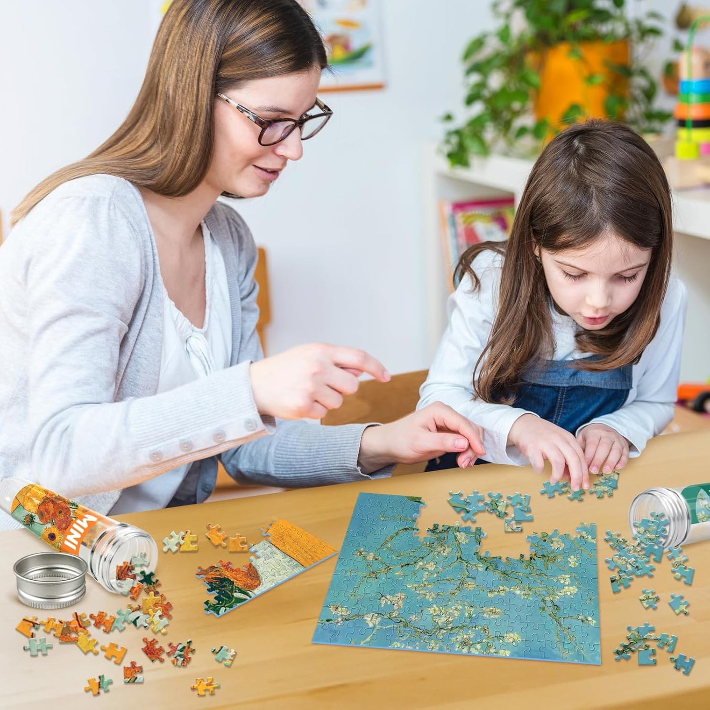 150 Pieces Mini Jigsaw Puzzles for Adults & Kids, 6" x 4" Small Jigsaw Puzzles Capsule Tube Jigsaw Puzzles Intelligent Game, Branches Of An Almond Tree In Blossom The Pink Peach Tree Sunflowers 3 Pack