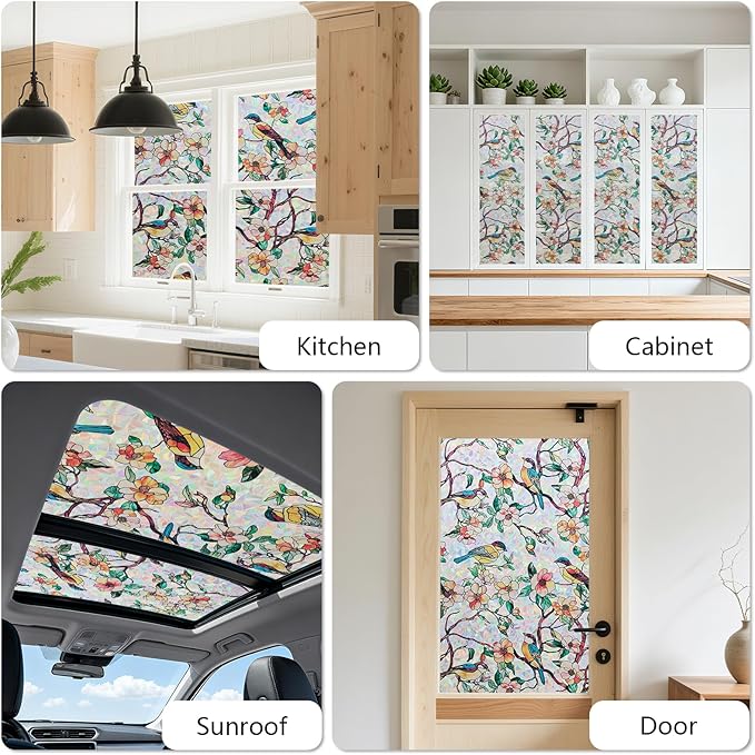Kromapolis Window Privacy Film, Stained Glass Sticker Floral Window Clings, Decorative Static Clings UV Blocking Colorful Decals, Removable Vinyl Covering Rainbow Camellia, 23.6'' x 157.4''