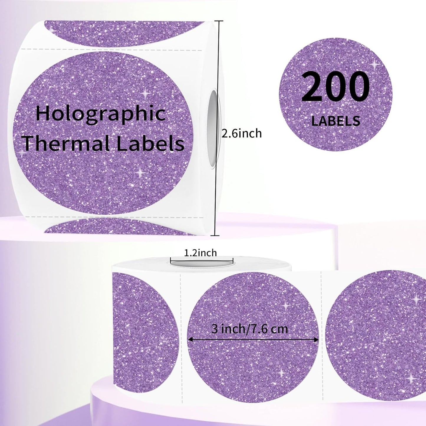 3" Circle Holographic Thermal Labels Stickers, Round Direct Thermal Label Stickers, Glitter Thermal Printer Sticker Labels for Gift Wrapping, Perforation Line Design- Glitter Purple