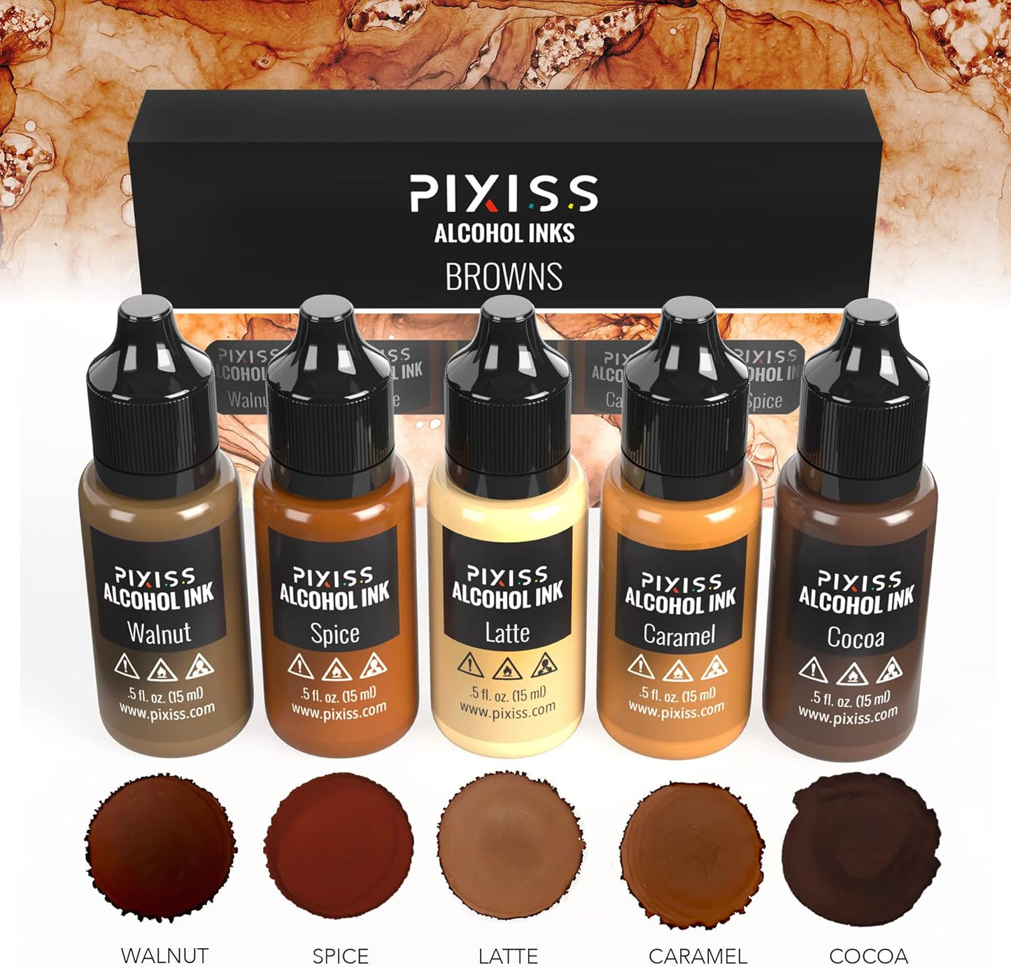 Pixiss Brown Alcohol Ink Set - 5 Shades of Highly Saturated Alcohol Ink for Epoxy Resin Supplies, Yupo Paper, Tumblers, Coasters - Resin Colorant for Epoxy Resin and Resin Art Supplies