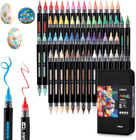 60 Colors Dual Tip Acrylic Paint Markers Automatic Ink Control Acrylic Paint Pens, Fine & Brush Tip Acrylic Markers Set for Rock Painting, Stone, Wood, Canvas, DIY & Art Supplies