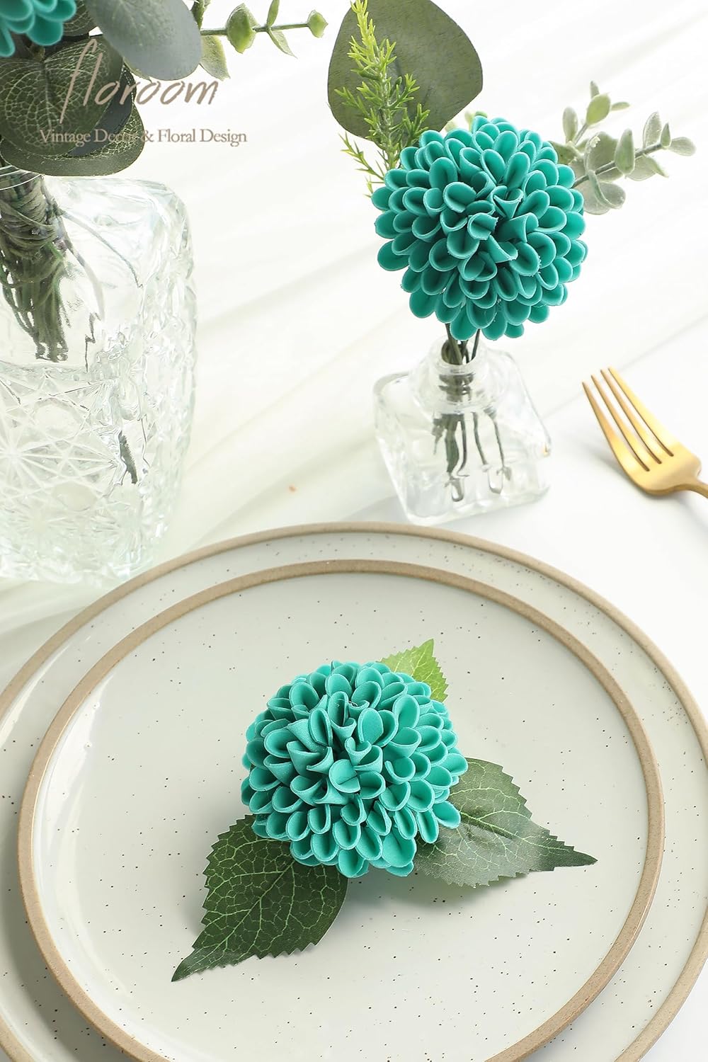 Floroom Artificial Dahlia Flowers 25pcs Real Looking Teal Green Foam Fake Roses with Stems for DIY Wedding Bouquets Bridal Shower Centerpieces Floral Arrangements Party Tables Home Decoration