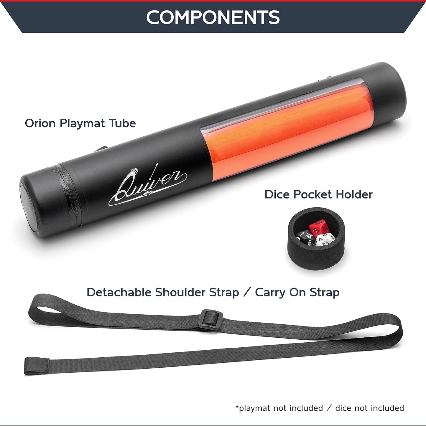 Quiver Time Black XL Orion Playmat Tube - TCG MtG Playmat Tube Case with Waterproof Zipper, Hidden Dice Pocket, Adjustable Removable Shoulder Strap, See-Through Window, Fits 14" and 15" playmats