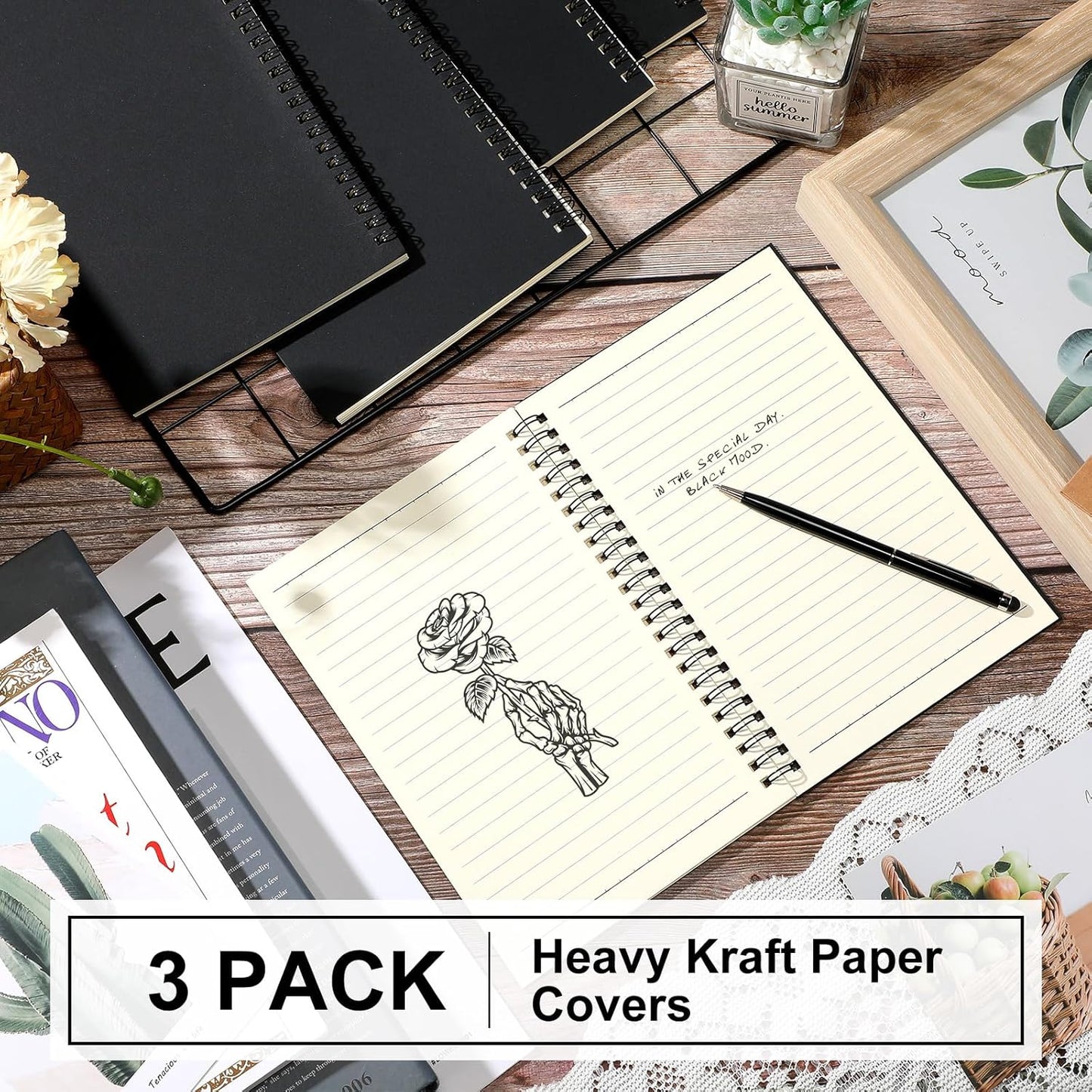 Yahenda 3 Pcs Spiral Notebook Bulk A5 Journal Lined 8.3'' x 5.5'' Writing Composition Paper Small Notepad Subject Notebook for Students Office Business Back to School Supplies (Black)