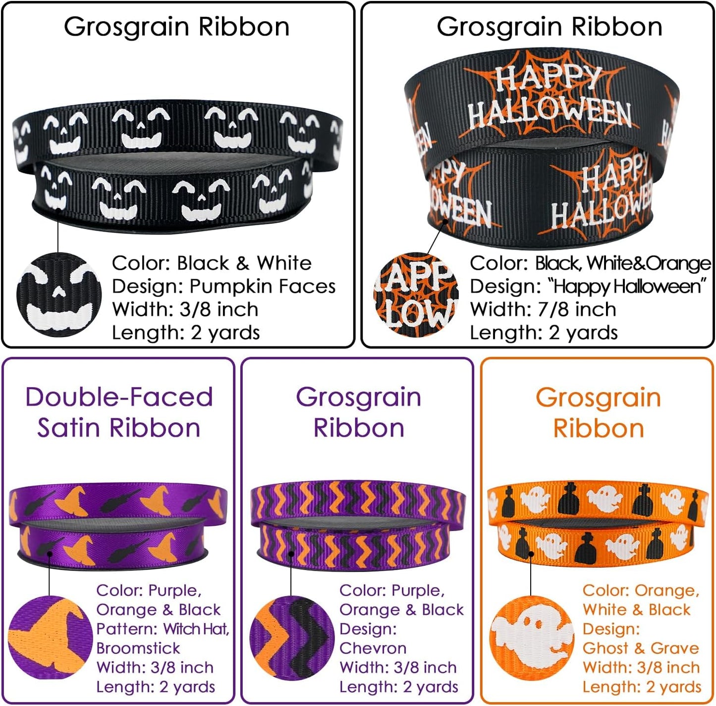 MEEDEE 3/8 inch 1 inch Halloween Ribbon Set Spooky October Ribbon Assortment 5 Rolls 10 Yards Halloween Crafts, Fall Gift Wrap, Party Decorations, Autumn Wreaths, Trim Bundle, Wreath Bow Supplies