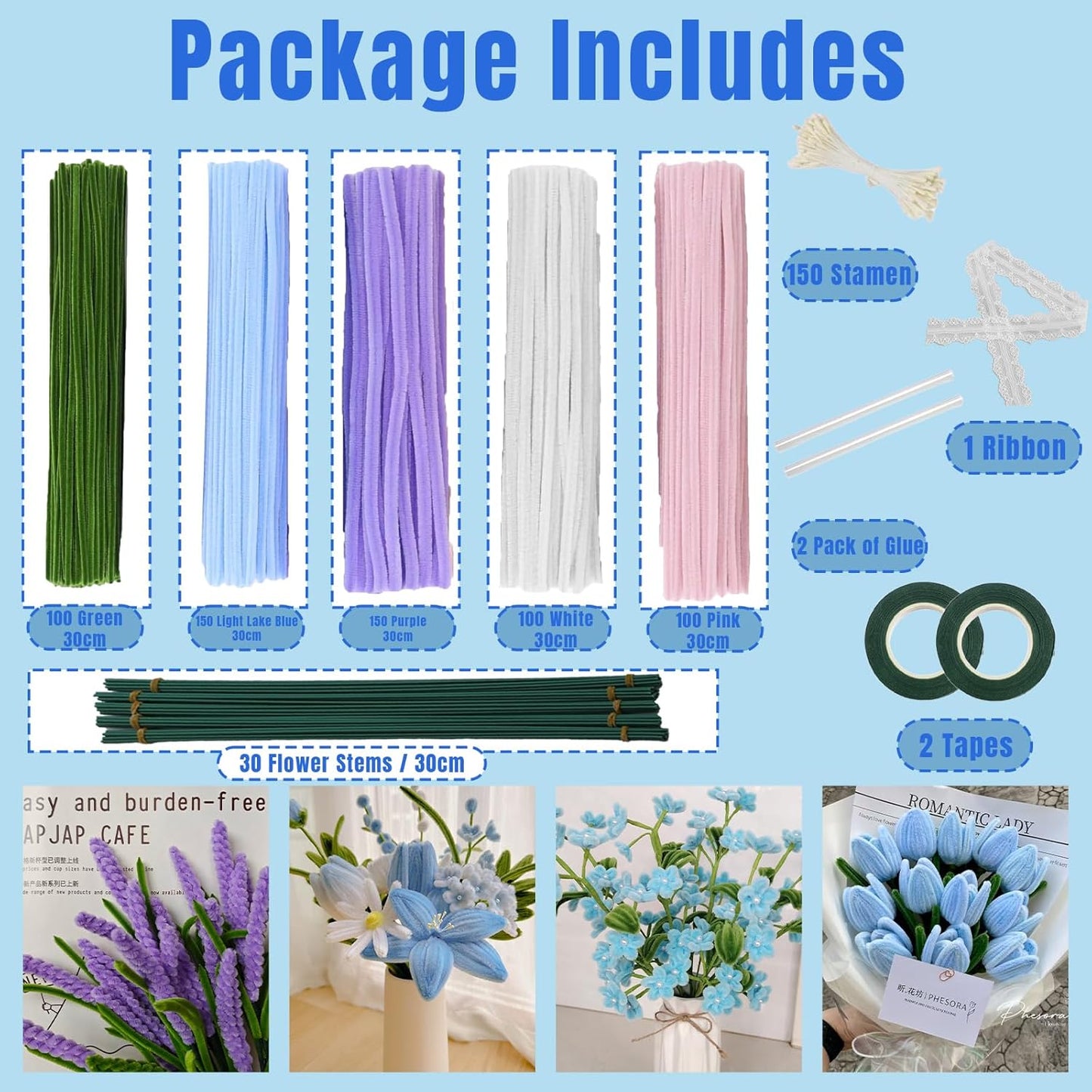 600Pcs Pipe Cleaners Craft,Multiple Assorted Colors Pipe Cleaners Bulk, Chenille Stems for DIY Flower Making Kit with Floral Wires, Gardening Tape,Stamen& Ribbon (Blue)