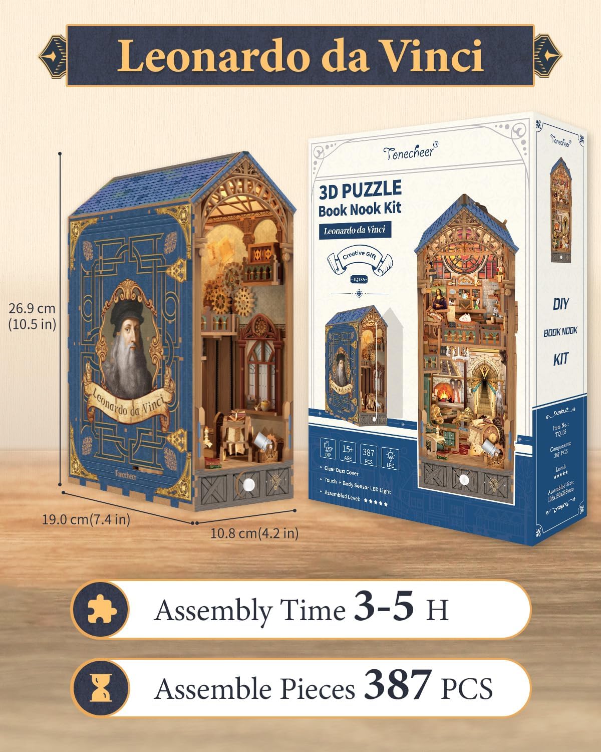 Tonecheer DIY Book Nook Kit for Adults, 3D Puzzle Wooden Miniature House Kit, Booknook Dollhouse Bookshelf Insert Decor Bookend with Dust Cover and LED Lights Gifts (Leonardo da Vinci)