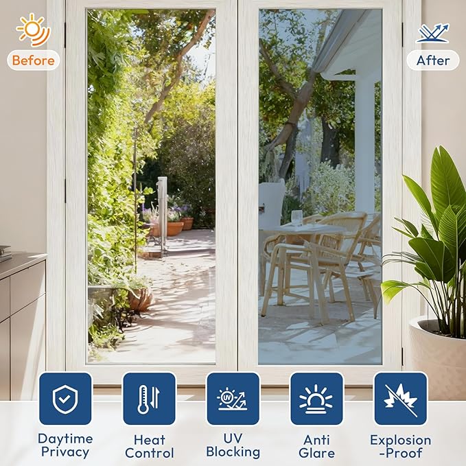 rabbitgoo Window Tint for Home One Way Privacy Window Film See Out Not in Heat UV Blocking Reflective Removable Static Cling Mirror Decorative House Glass Covering, Silver,17.5 Inch X 13.1 Feet