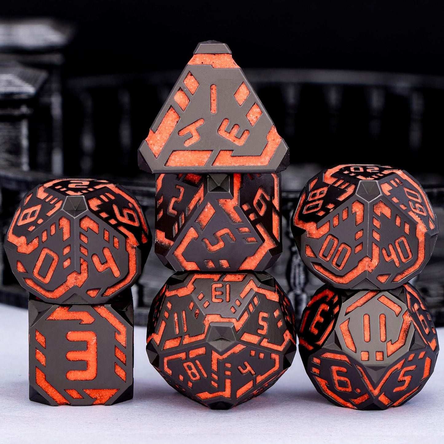 Metal DND Sci-fi Dice Set 7PCS Luminous Orange Stripe Polyhedral Dice for Dungeons Dragons RPG Role Playing Game, Glitter D and D Dice with Gift Box D6 D8 D10 D12 D20