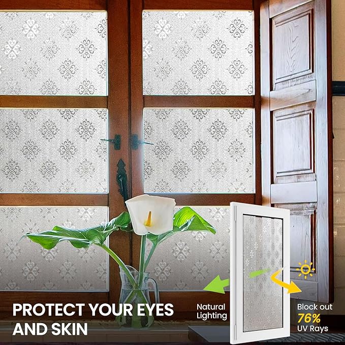 Window Privacy Film, Frosted Glass Decorative Static Cling, Removable Sun Blocking Vinyl Covering,Window Film for Home Kitchen Living Room Bathroom, Frost Blossom,17.3" x 78.7"