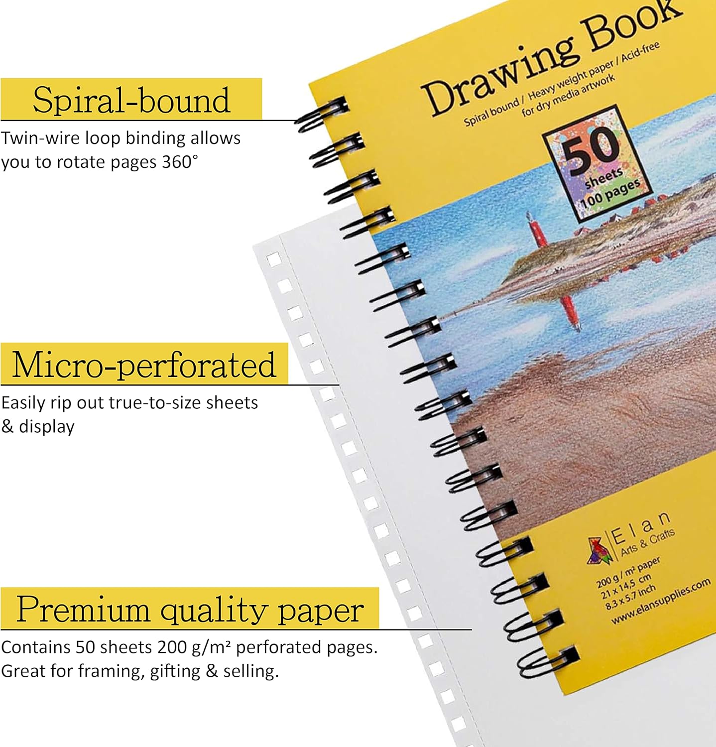 Elan A5 Drawing Book, 50 Sheets Italian Paper 90 lb/200 GSM, Acid-Free Sketch Book 8.3x5.8 Inch, White Drawing Paper Pad, A5 Sketchbook Spiral Bound