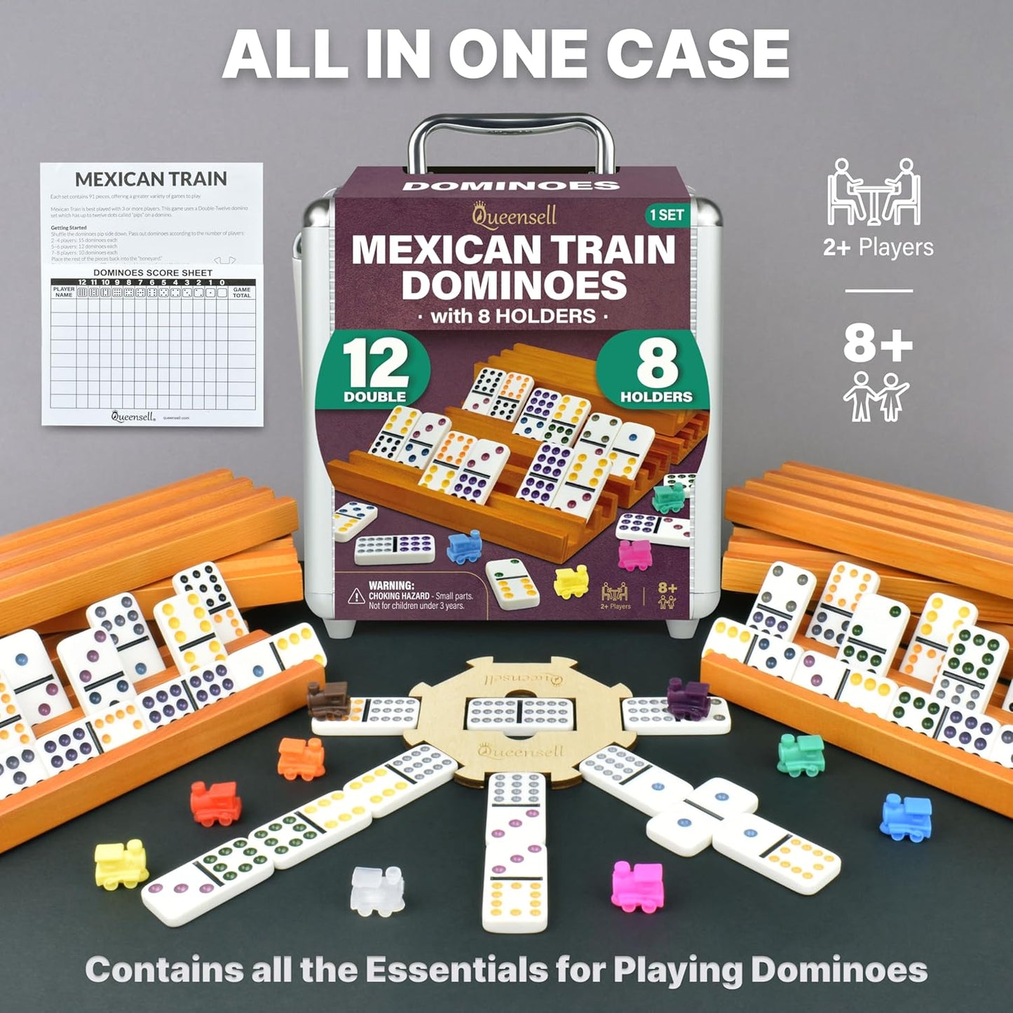 Queensell Dominoes Double 12 with 8 Holders + Wooden Hub + Score Pad + Metal Trains