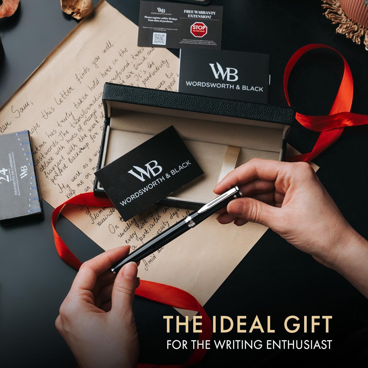 Wordsworth & Black Fountain Pen Set, 18K Gilded Extra Fine Nib, Includes 24 Pack Ink Cartridges, Ink Refill Converter & Gift Box, Chrome Finish, Calligraphy, [Black Chrome], Perfect for Men & Women