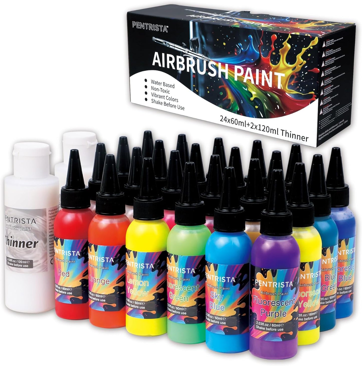 PENTRISTA 24-Color Airbrush Paint Set (60 ml/2.03 oz)with 2 Thinner - Ultra-Smooth Flow Air Brush Paints,Non-Toxic & Quick-Drying Formula Acrylic Airbrush Paint Kit for Art Crafts Hobbyist and Artists