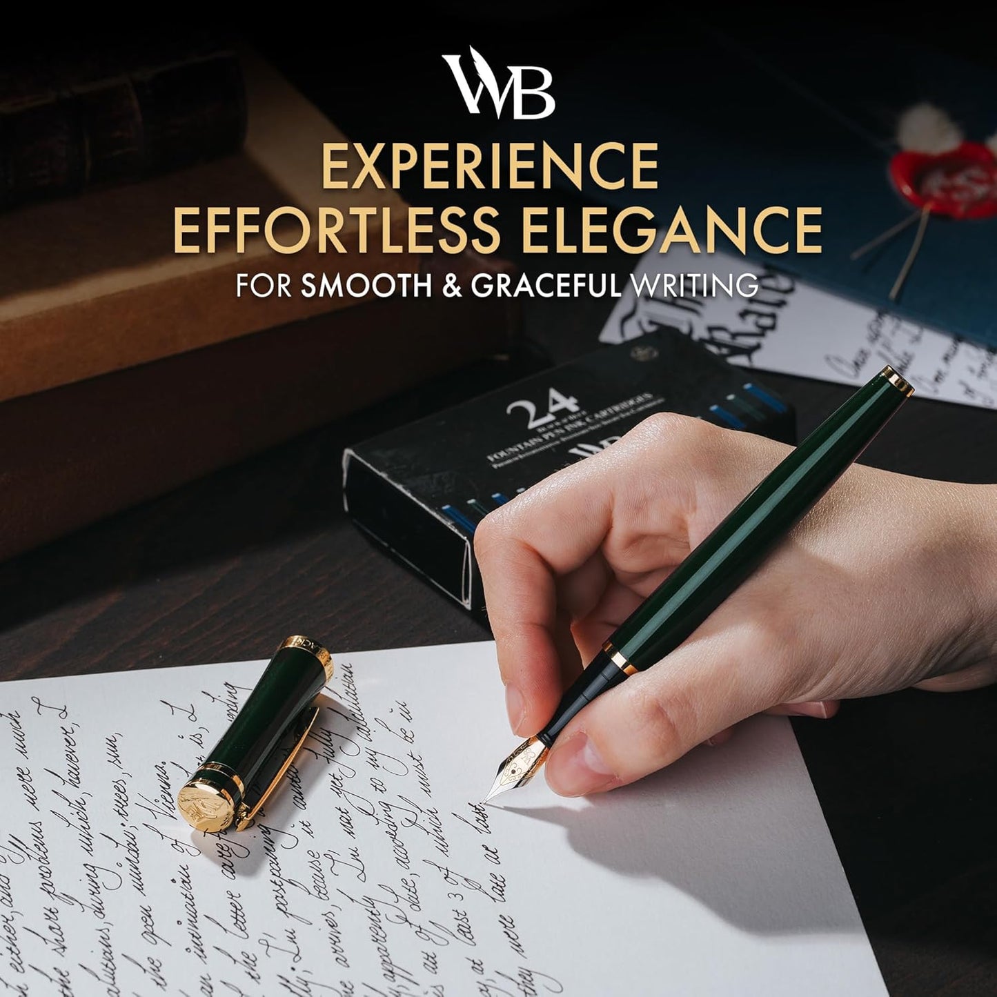 Wordsworth & Black Fountain Pen Set, 18K Gilded Medium Nib, Includes 24 Pack Ink Cartridges, Ink Refill Converter & Gift Box, Gold Finish, Calligraphy, [Racing Green], Perfect for Men & Women