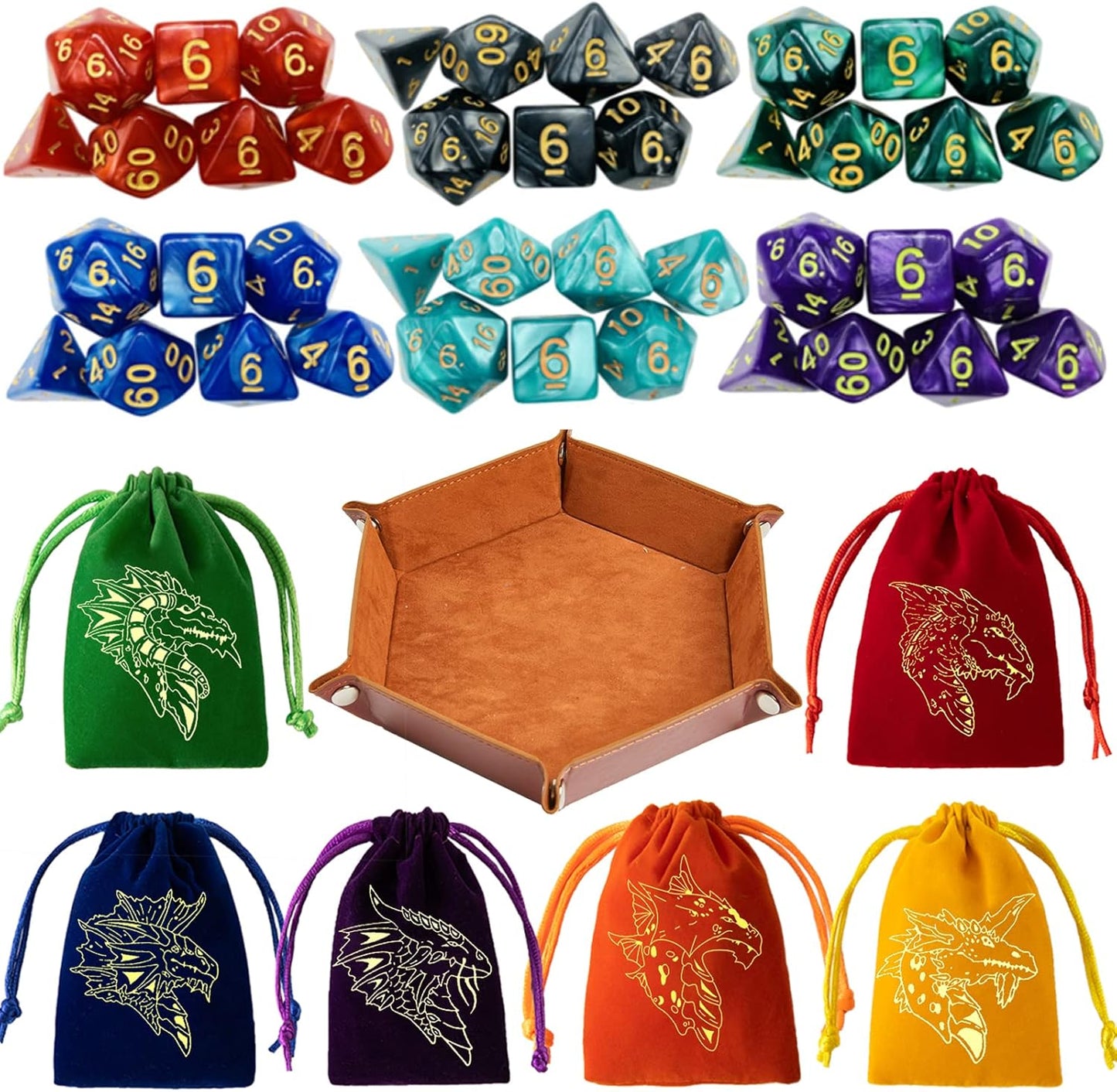 DND Dice Set 42 Pcs Polyhedral Dungeons and Dragons Rolling Dice for D&D RPG MTG Table Games Dice Bulk with Colorful Drawstring Bags and Dice Tray (Single)