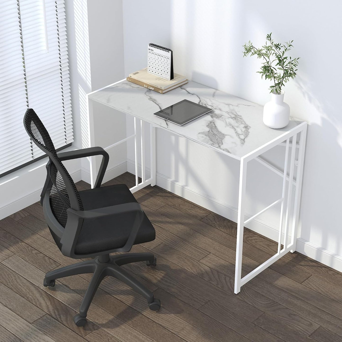 Folding Computer Desk 40 inch Writing Gaming Computer Camping Desk, No Assembly Required Home Office Table, White Marble