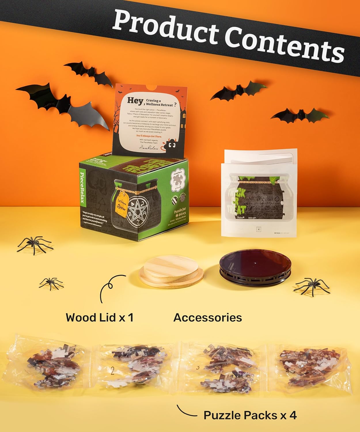 PieceRelax 3D Puzzle Jar 64 Plastic Pieces for Adults - Witches Brew - Wooden Lid Container for Kitchen Dining Study Living Room No Glue Requied Small [BC1022]