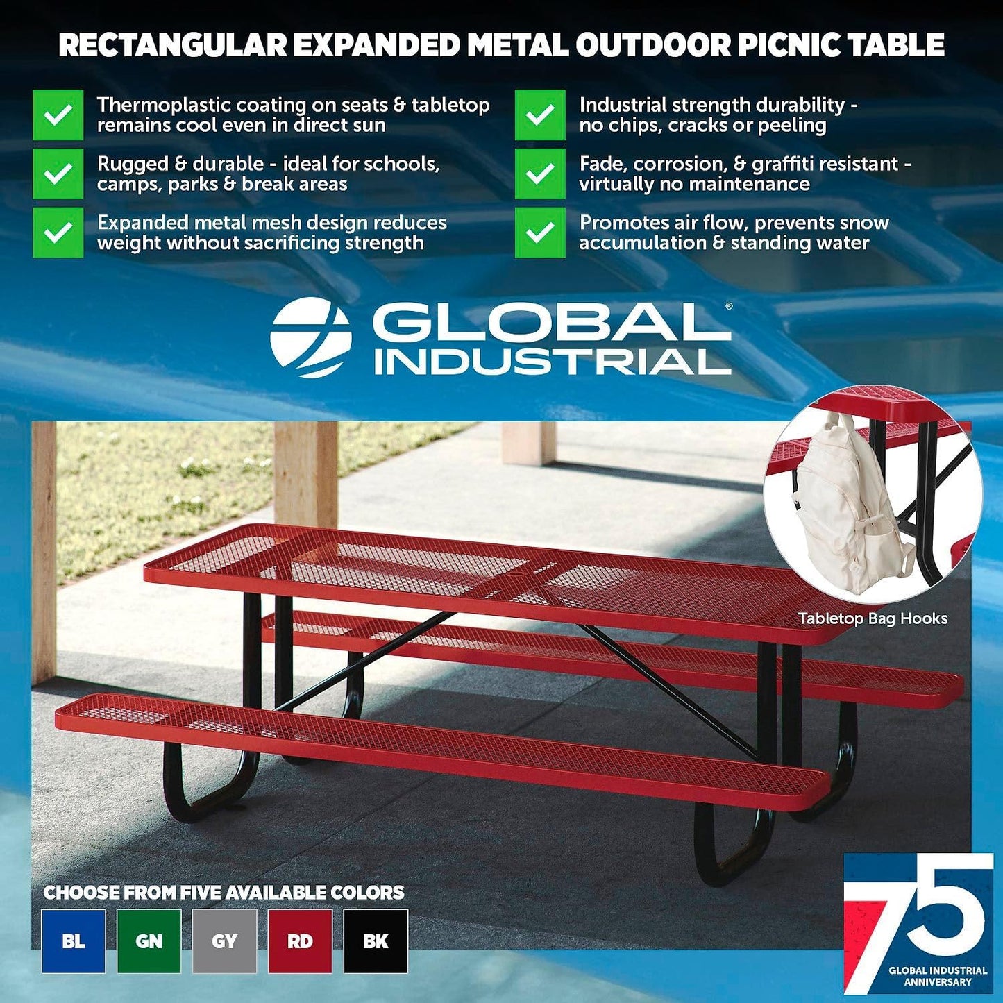 Global Industrial 6’L Rectangular Picnic Table, Expanded Metal, Red Thermoplastic Coating, Attached Benches, 1-1/2” Umbrella Pole Hole, Outdoor-Rated, 1000 lb Capacity, 72” x 30” Tabletop