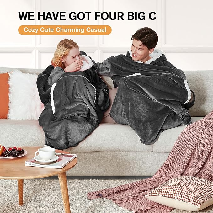 yescool Wearable Blanket Hoodie, Flannel Sherpa Fleece Blanket Sweatshirt for Adults Women Men,One Size Fits All