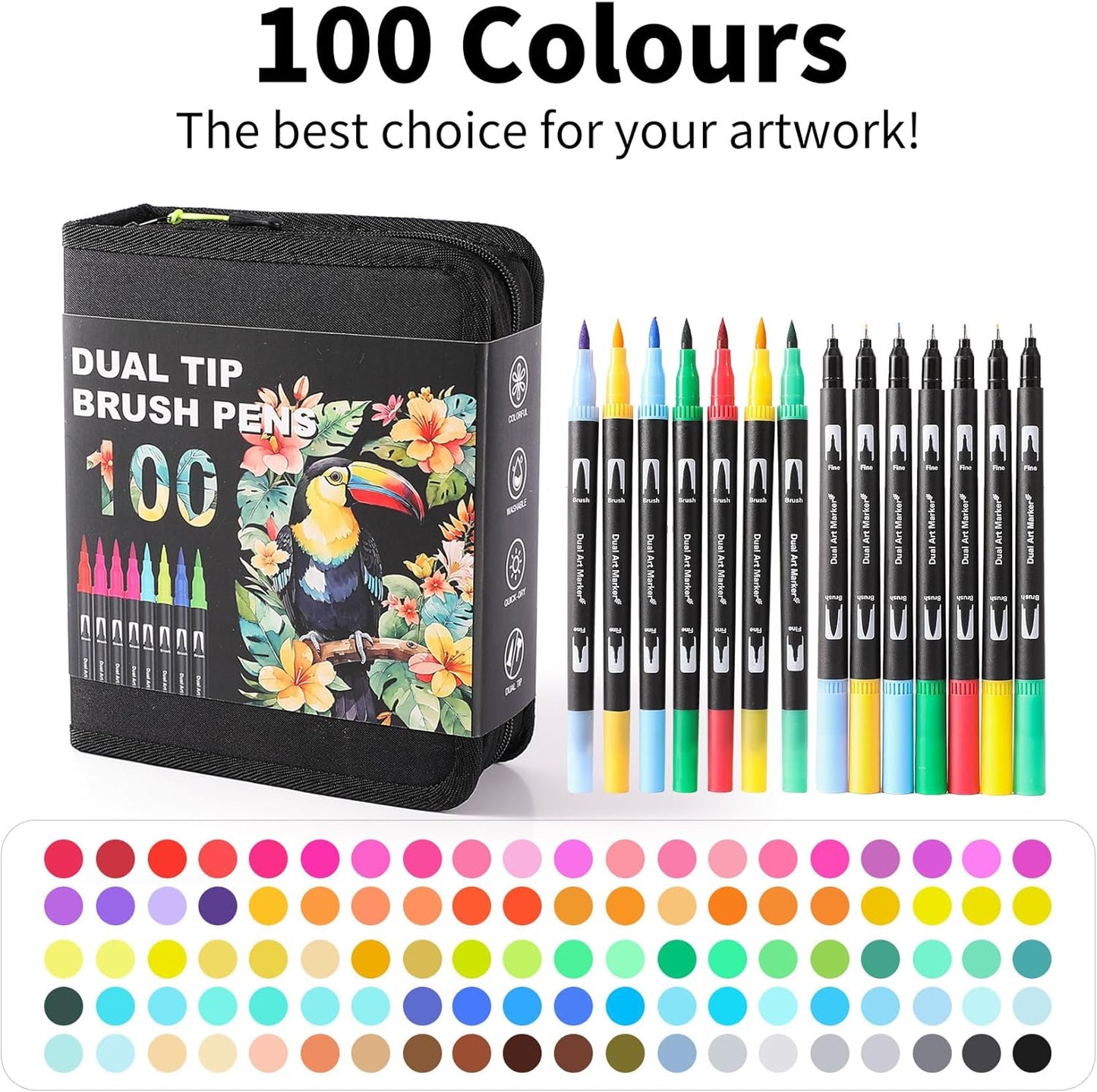 Dual Tip Markers, Double Brush Art Markers Set with Fine Tip and Brush Tip for Adult Coloring Book, Hand Lettering, Calligraphy & Drawing, Art Supplies Kit for Kids and Adults (100 Colors)