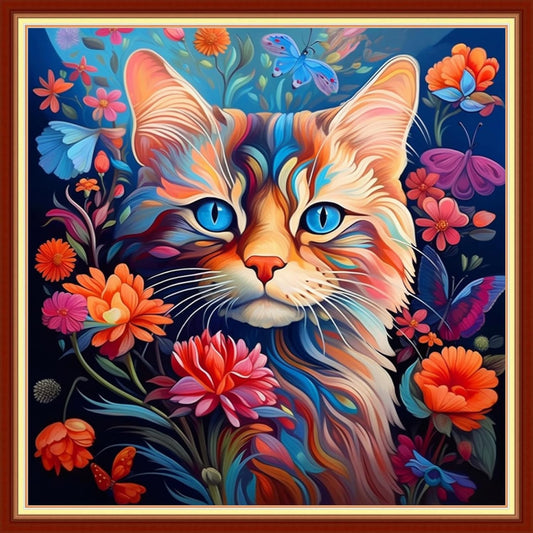 Joyhoor Cross Stitch Kits for Beginners Stamped Cross-Stitch Supplies Needlework preprint Embroidery Kits for Adults DIY Needlepoint Kits Embroidery Patterns 11CT-Cat Flowers 18x18 inchs