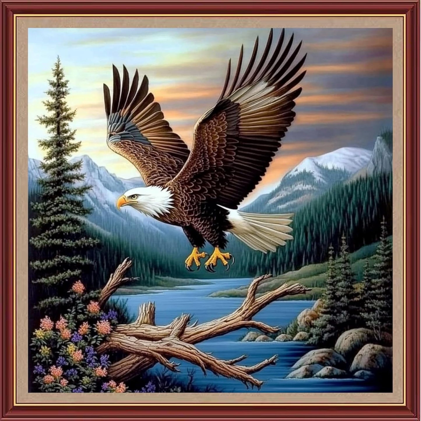 DMCXART Counted Cross Stitch Kits for Adults Needlepoint Kits Unprinted Cross Stitching Embroidery Kit 11CT Cross Stitch Supplies-Eagle Forest Flying 18x18 inch
