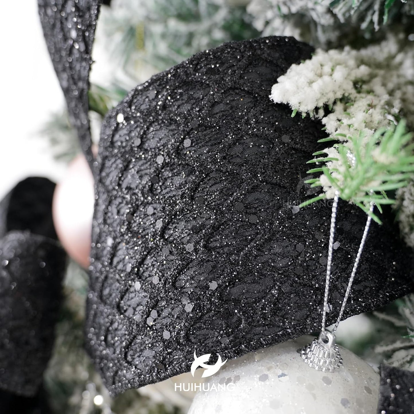 HUIHUANG Black Glitter Wired Ribbon 4 inch Black Christmas Tree Ribbon Diamond Mesh Wire Ribbon for Tree Decorations, Wreaths, Garland, Large Bows Making, Halloween Decor -10 Yards