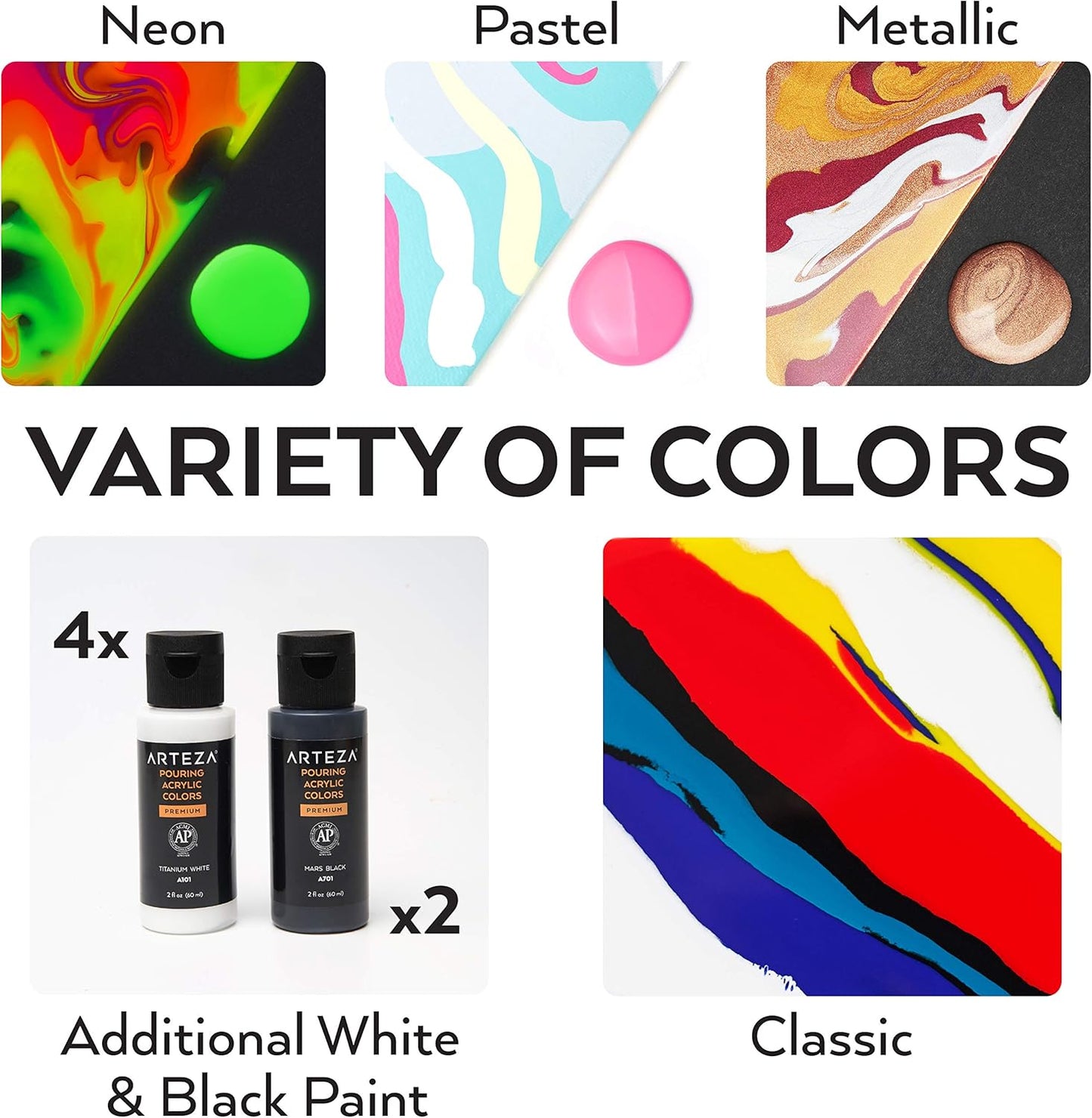 ARTEZA Acrylic Pouring Paint Set of 32, 2 ounce Bottles, Assorted Colors, High Flow Paint, Art Supplies for Pouring on Canvas, Glass, Paper, Wood