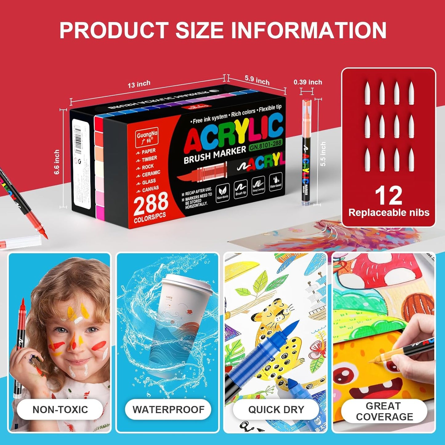 288 Colors Acrylic Paint Markers Soft Brush Tip, Water-Based Paint Pens with Automatic Ink Control System, Odorless, Waterproof, Quick-Dry, Lightfast, for Rock Painting, Canvas, Wood, Egg & DIY Crafts