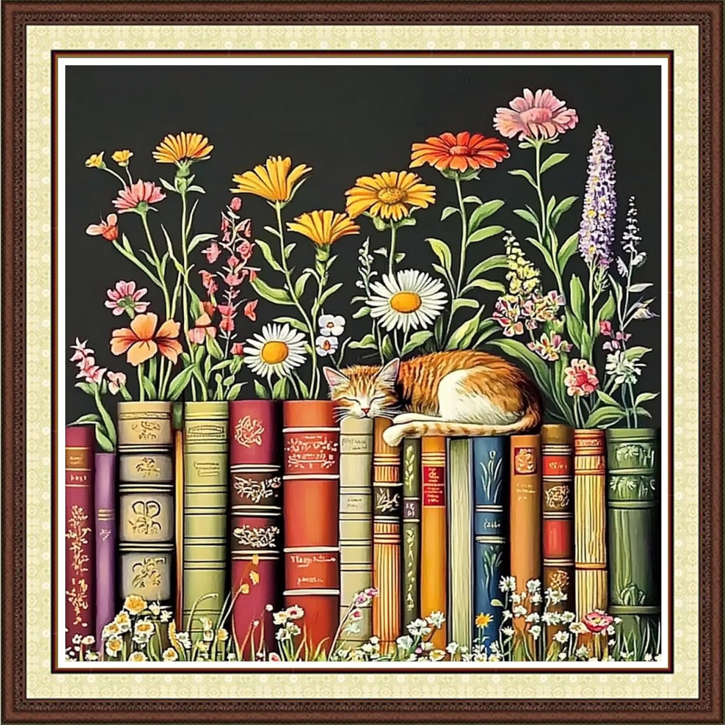 Findvoor Counted Cross Stitch Kits for Adults Full Range of Cross Stitching Embroidery Unprinted Pattern for Beginners, 11CT Needlepoint Kit Patterns Embroidery Kits-Books, Cats, Flowers 18x18 inch