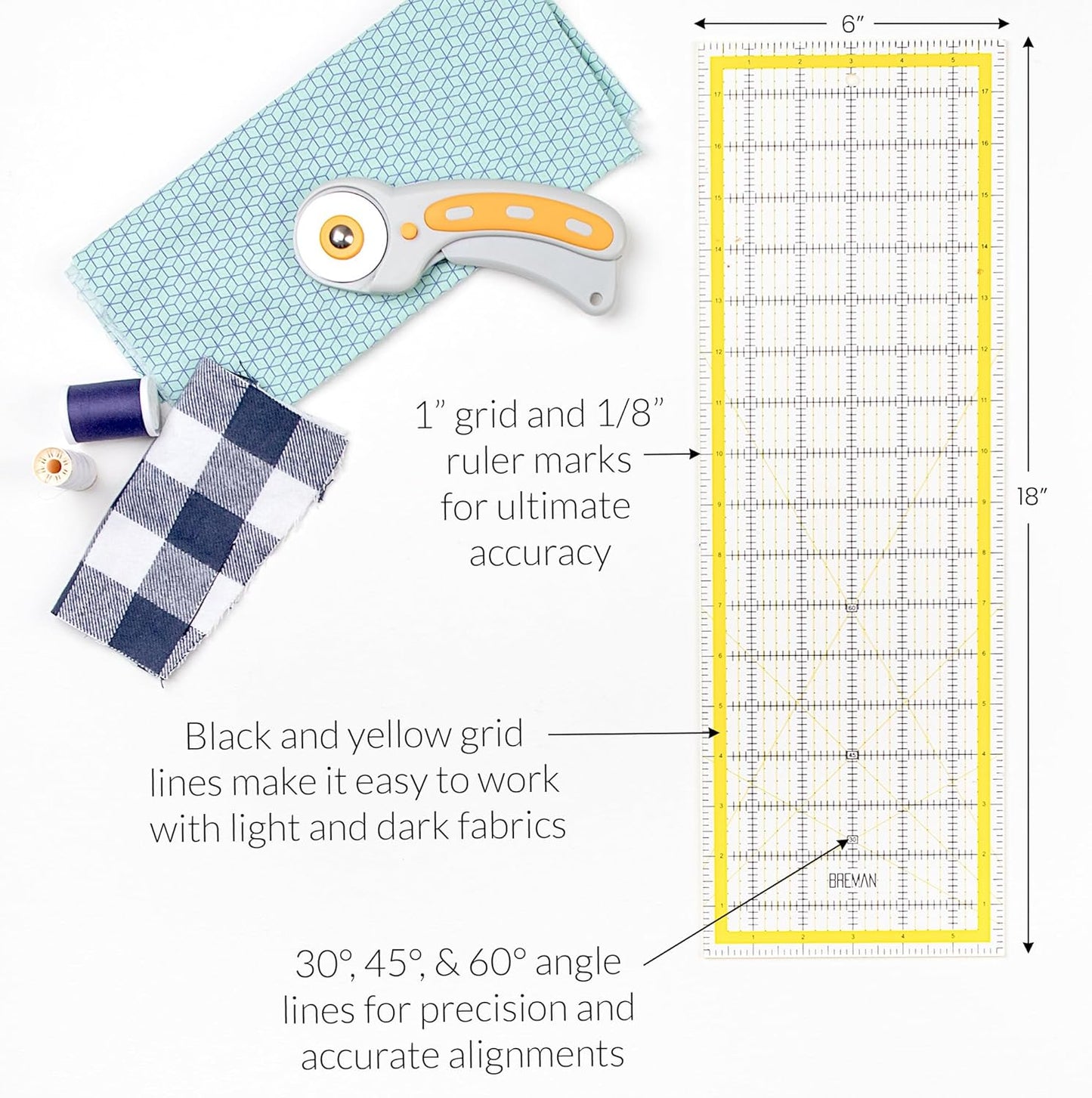 Breman Precision Quilting Rulers – 6x18 Inch Clear Acrylic Rulers for Quilting and Sewing – Laser-Cut Edge, Easy-Read Grid Lines, Angled Markers – Fabric Guide for Left & Right-Handed Users