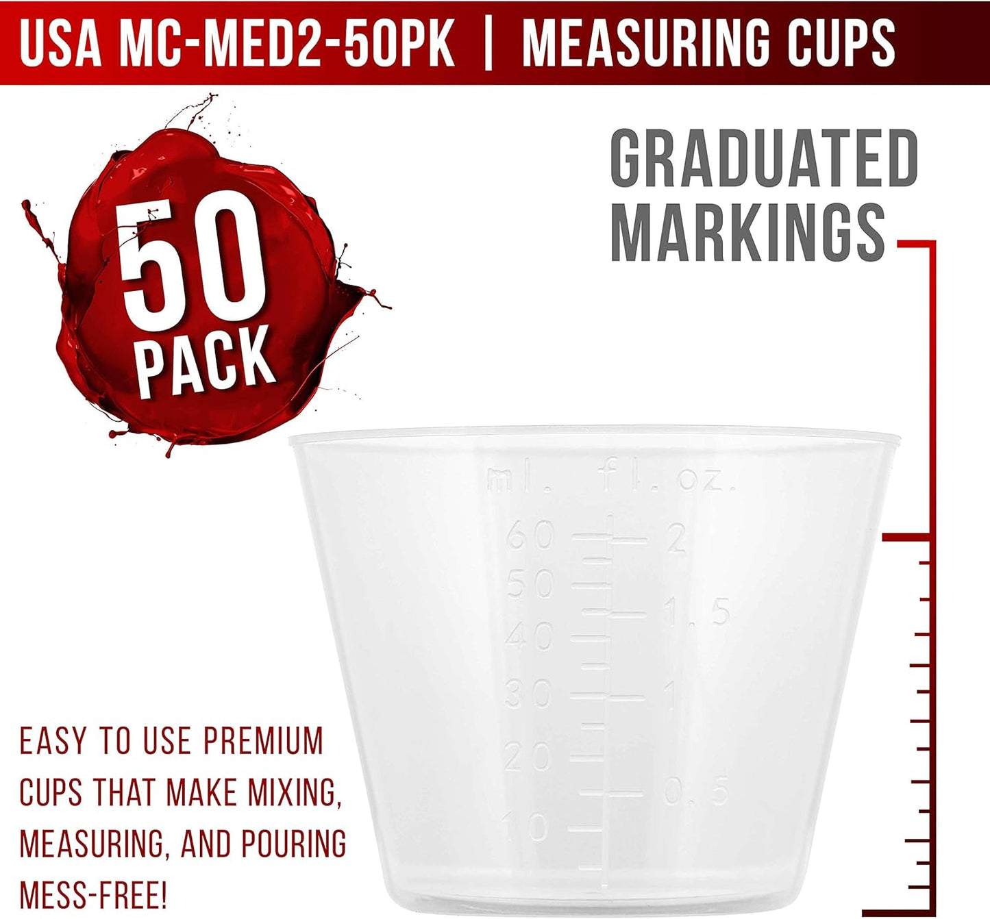 Pouring Masters 2 Oz (60 ml) Liquid Measuring Cups - Plastic Graduated Cup (50 Pack) with 25 Sticks - Reusable Mixing Cups for Paint, Craft, Kitchen, Lab, Medical Supplies, Epoxy Resin, Art