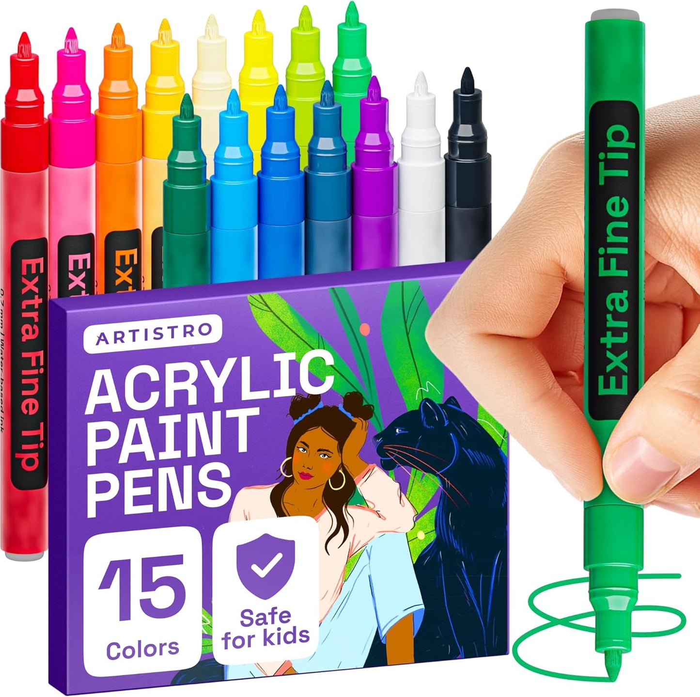 ARTISTRO 15 Acrylic Paint Pens, Art Set Acrylic Paint Markers, Fabric Markers for Textile, Canvas, Rock, Glass, Wood, Paper, Pumpkin, DIY for Kids and Adults