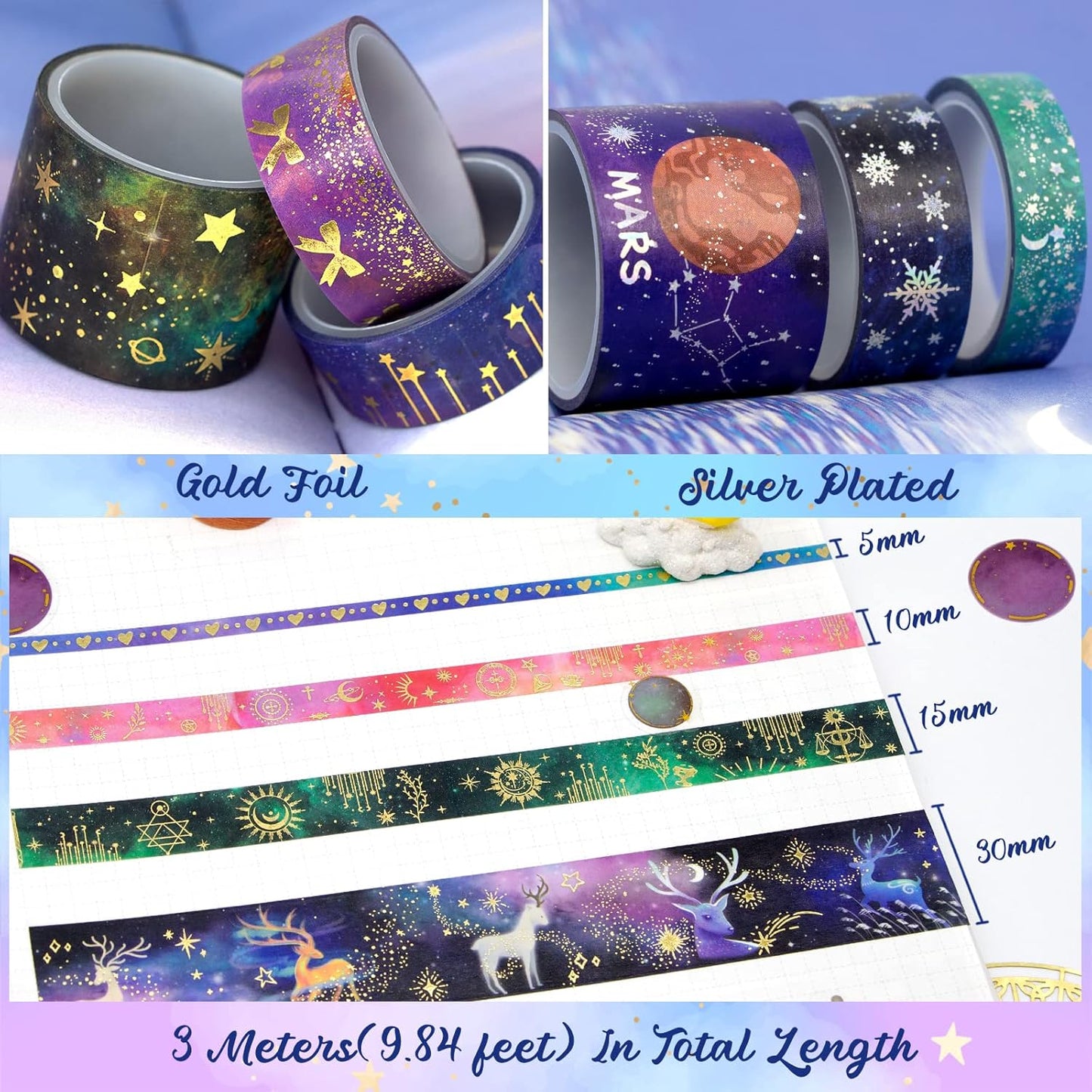 52 Rolls Washi Tape Set, Gold Foil Galaxy Washi Tape for Journaling Supplies, 4 Size Washi Tapes for Scrapbooking, DIY Journal Set, Craft, Gift Wrapping, Painting