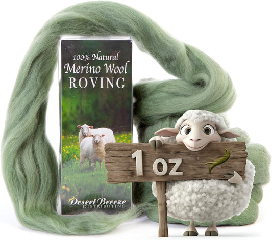 Desert Breeze Distributing 100% Natural Merino Wool Roving - Premium Combed Top Merino Roving Wool - Tapestry, Spinning, Wet Felting & Needle Felting Supplies - 21.5 Micron - 1 oz, Color Ivy Green