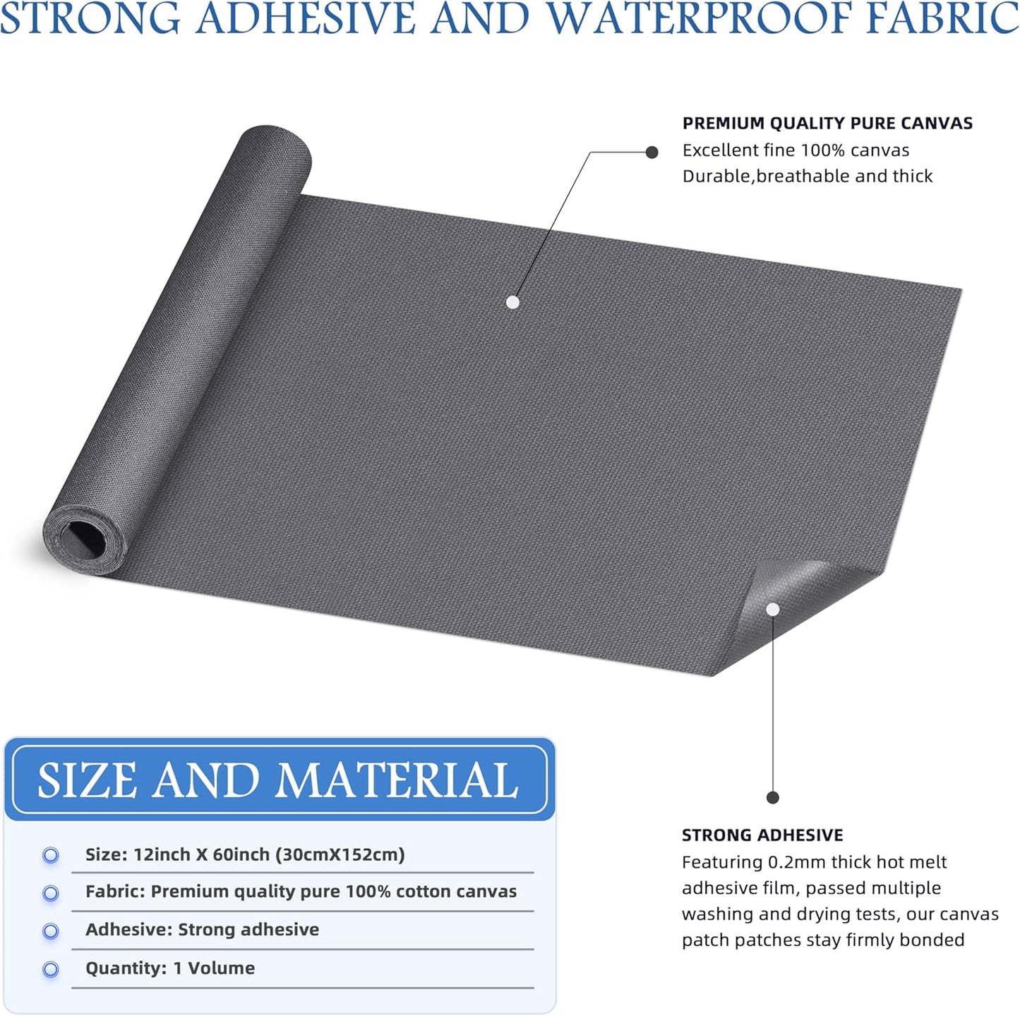 KING MOUNTAIN Canvas Iron on Patch,12"×60",Waterproof 100% Cotton Fabric Repair Patch,Used for Various Sofa,Tent,Clothes,Seats,Suitcases (Gray,Waterproof)