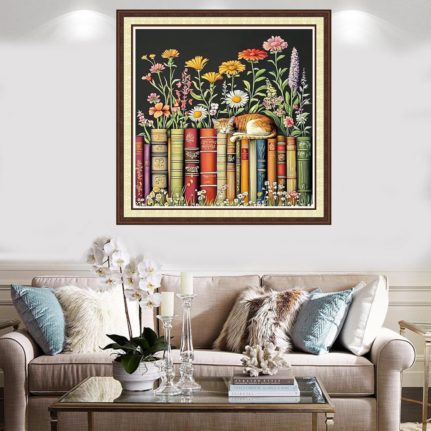 Findvoor Counted Cross Stitch Kits for Adults Full Range of Cross Stitching Embroidery Unprinted Pattern for Beginners, 11CT Needlepoint Kit Patterns Embroidery Kits-Books, Cats, Flowers 18x18 inch