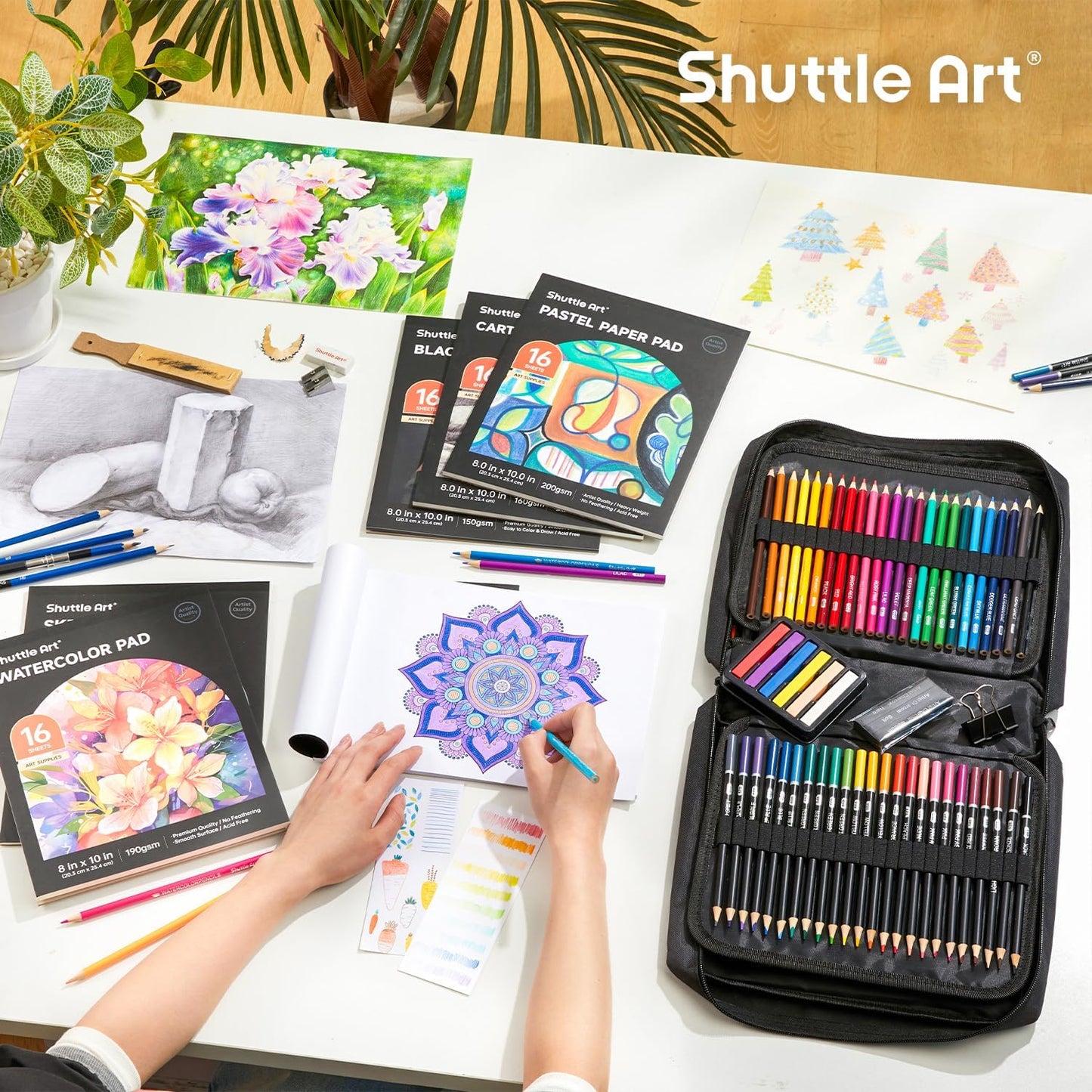 Shuttle Art 124 PCS Drawing Kit, Professional Drawing Supplies with Sketch, Charcoal, Colored, Graphite, Pastel Pencils & Sticks, Complete Drawing Tools and Paper Pads in Zipper Case for Artists&Kids