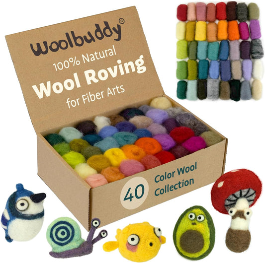 Woolbuddy Wool Roving Kit - 40 Vibrant Corriedale Wool Colors for Wet & Dry Felting – Soft, Carded Core Wool for Beginners & Artists – Premium Felting Supplies