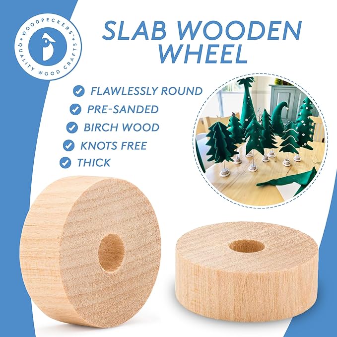 2-inch Diameter Slab Wooden Wheels for Crafts, 3/8-inch Hole, 7/16-inch Thick, Pack of 24 Mini Wood Wheels for Model, by Woodpeckers