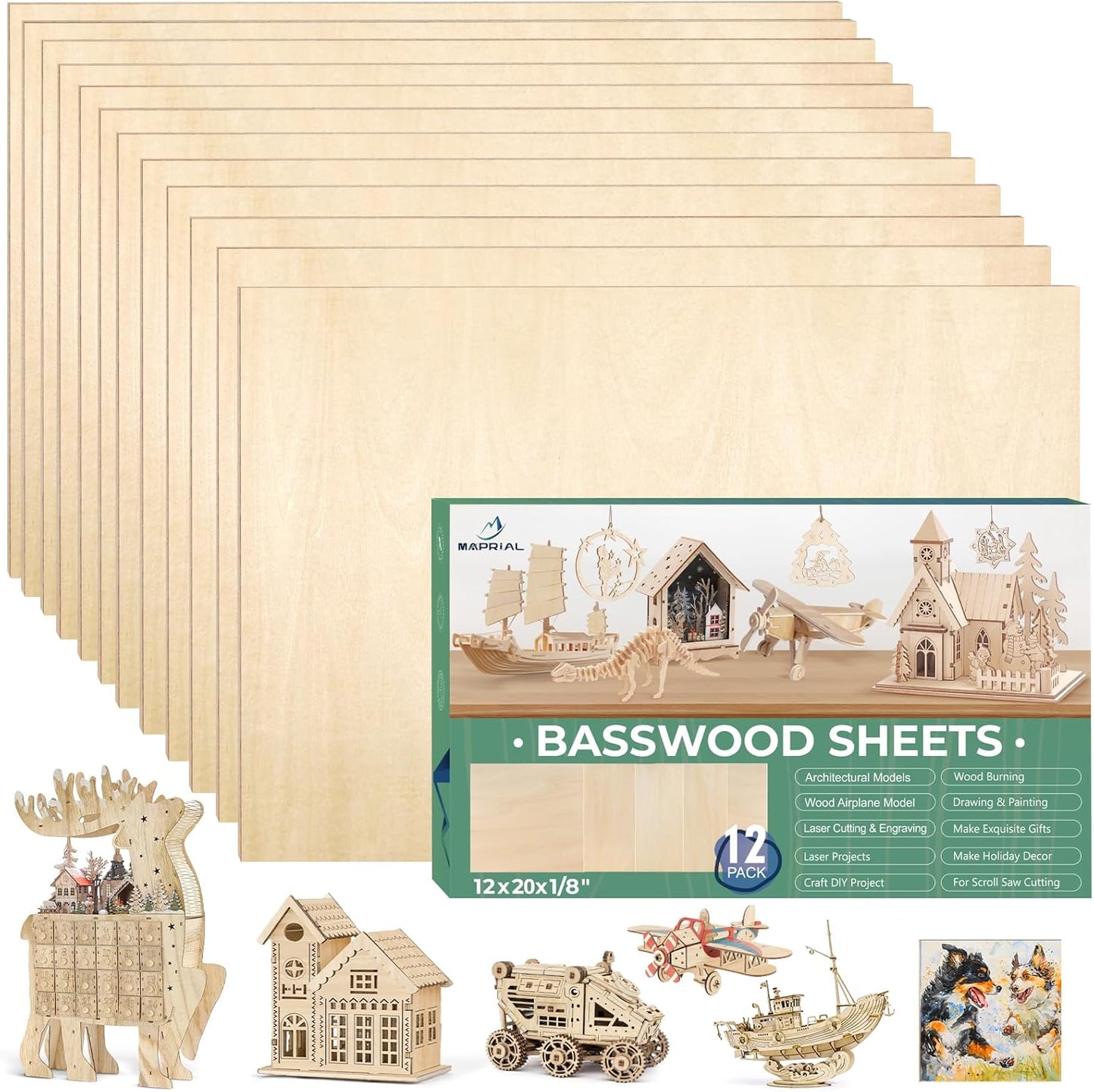 12 PCS 12x20x1/8 Inch Basswood Sheets, MAPRIAL Smooth 3mm Plywood for Laser Cutting, Unfinished Wood Board for Engraving, Wood Burning, Painting, Crafts, Ornaments, Models, Cutter, Engraver, Gifts