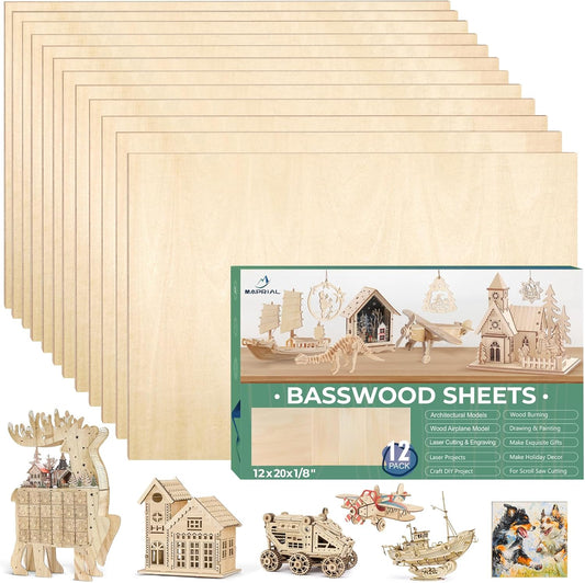 12 PCS 12x20x1/8 Inch Basswood Sheets, MAPRIAL Smooth 3mm Plywood for Laser Cutting, Unfinished Wood Board for Engraving, Wood Burning, Painting, Crafts, Ornaments, Models, Cutter, Engraver, Gifts