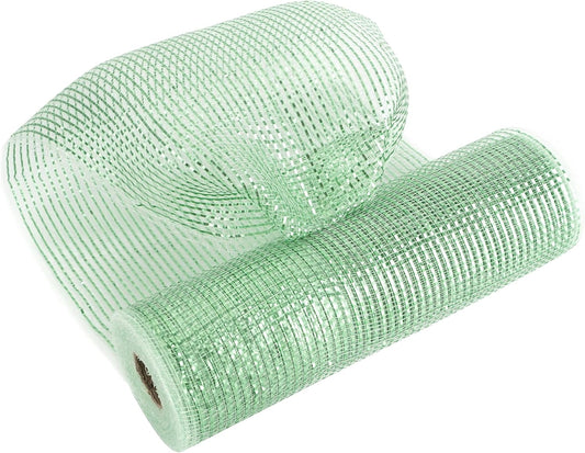 MEEDEE Sage Green Deco Mesh 10 Inch Rolls Deluxe Wide Foil Metallic Mesh Fabric Light Green Mesh Ribbon for Christmas Tree, Wreaths, Garland, Gift Wrapping, Bows Making (30 Feet)