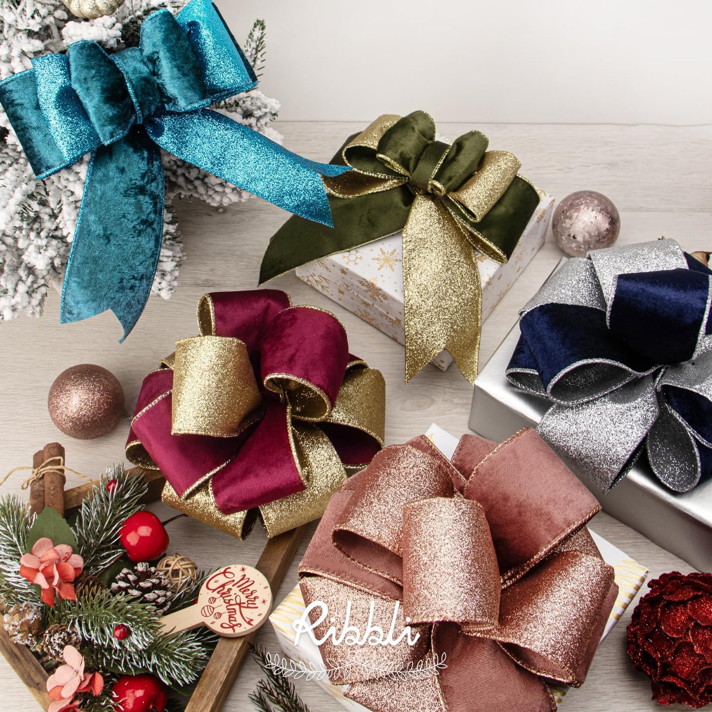 Ribbli Rose Gold Velvet Wired Ribbon 2.5 Inch Dusty Rose Velvet with Rose Gold Glitter Christmas Ribbon for Christmas Tree Decoration Big Bow Gift Wrapping Crafts Wreaths Supplies- 10 Yards